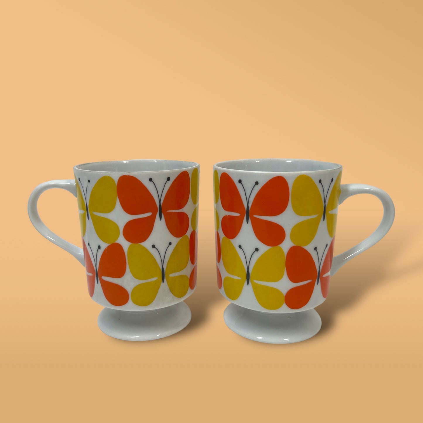 Retro Orange & Yellow Butterfly Mug Duo