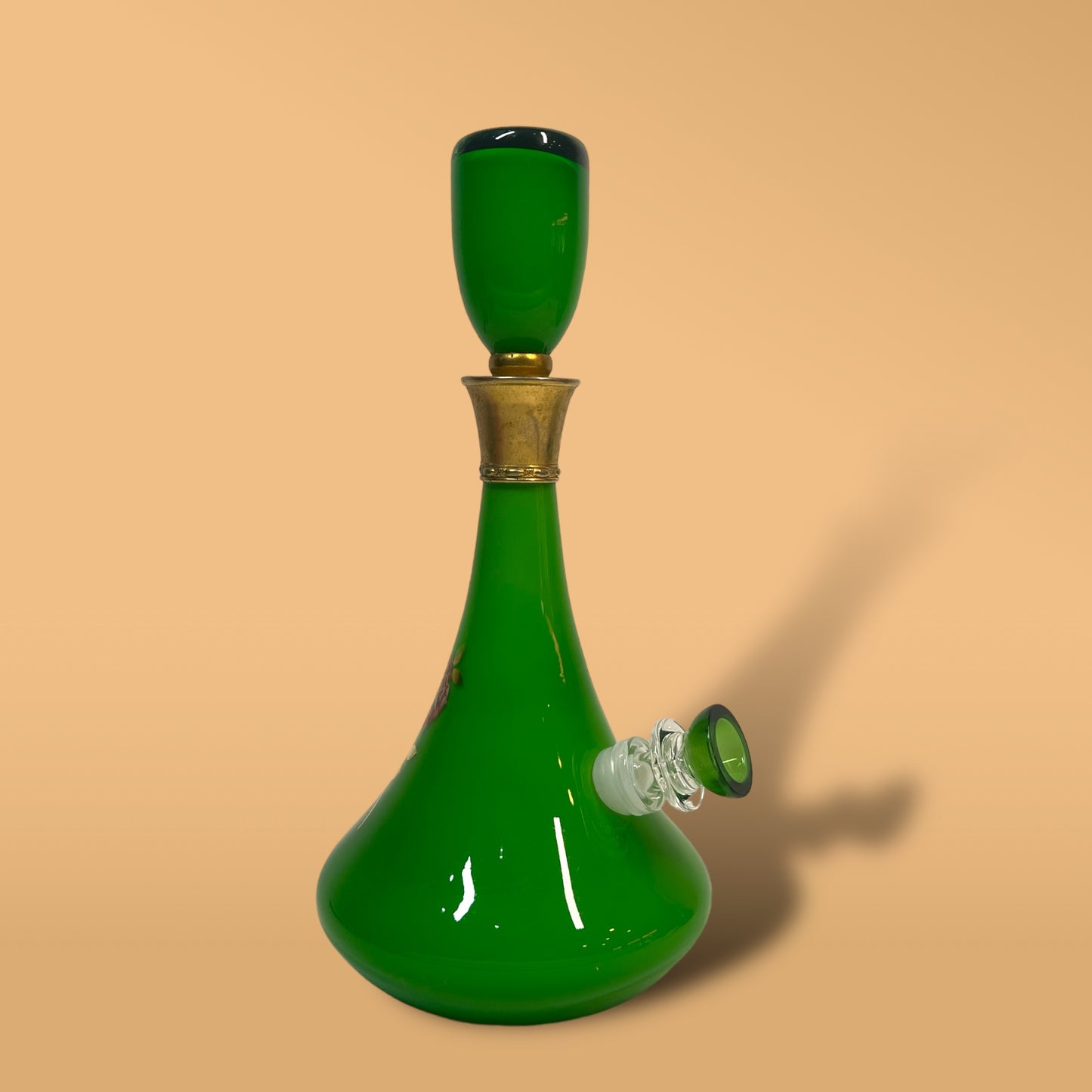 Cased Victorian Green Rose Decanter (Flawed Topper)