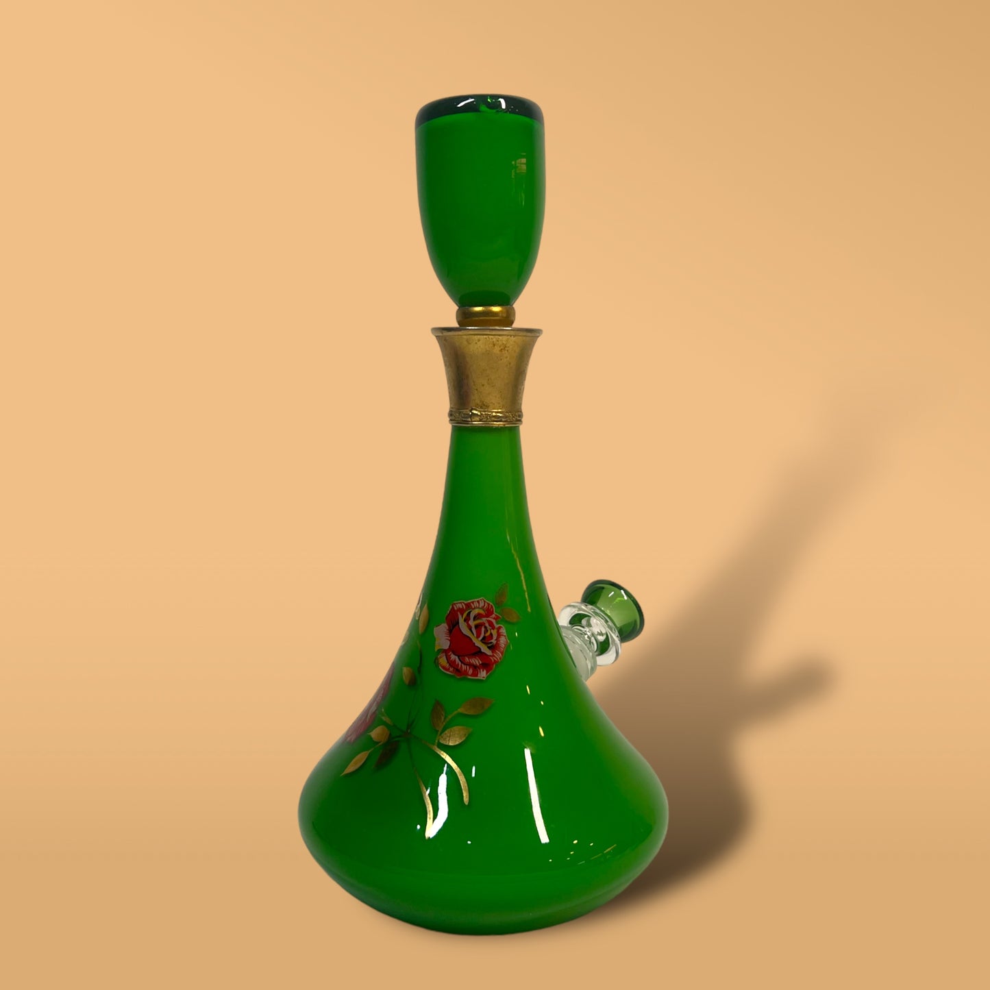 Cased Victorian Green Rose Decanter (Flawed Topper)