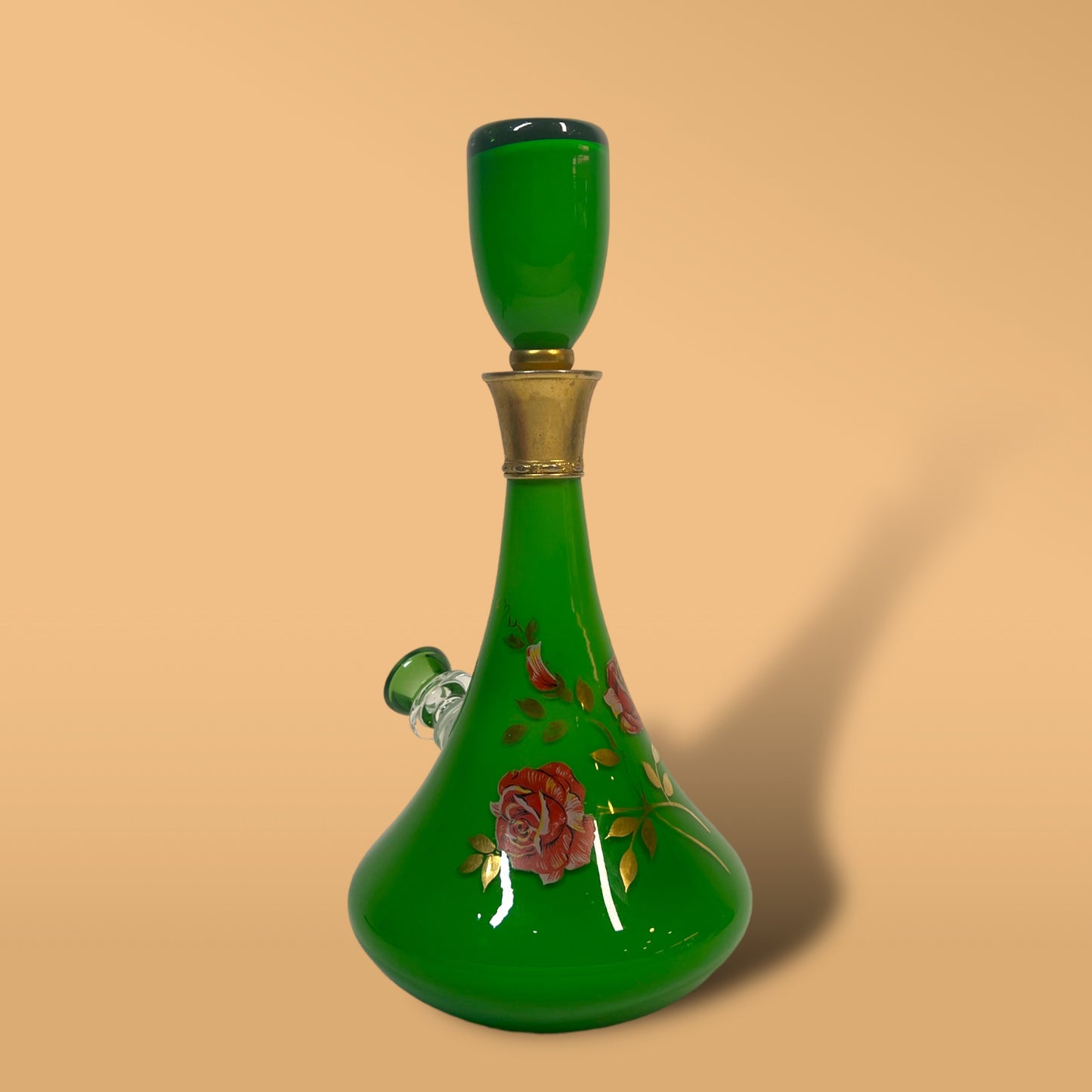 Cased Victorian Green Rose Decanter (Flawed Topper)
