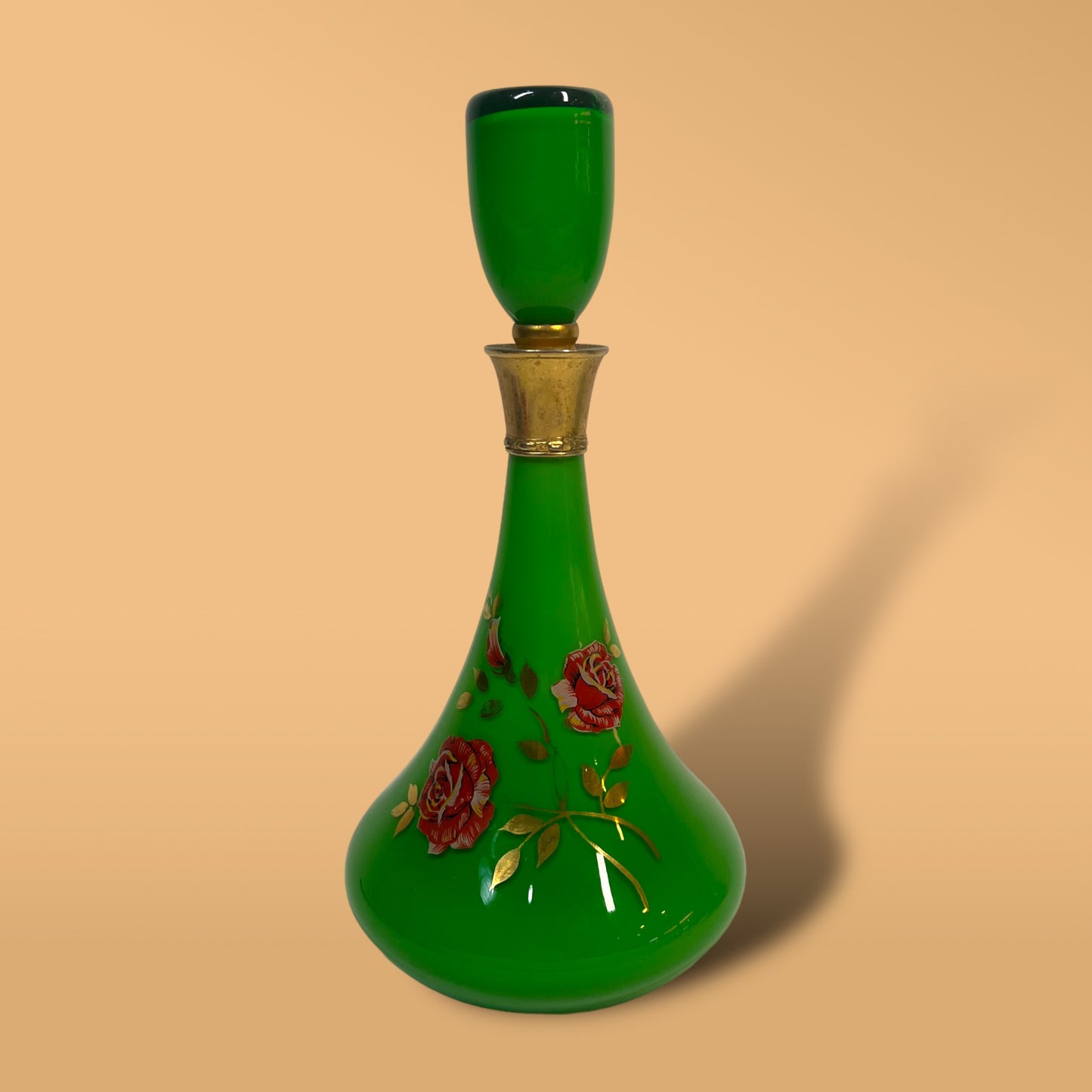 Cased Victorian Green Rose Decanter (Flawed Topper)