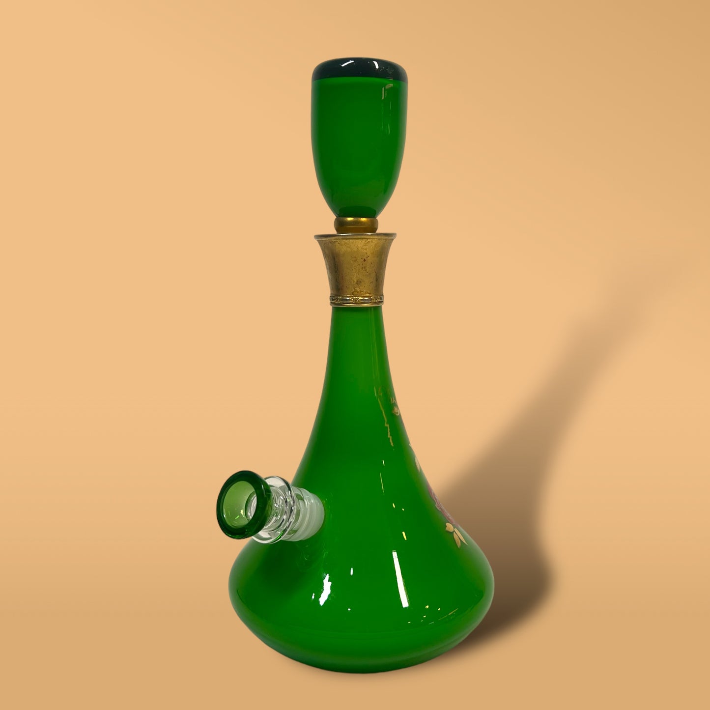 Cased Victorian Green Rose Decanter (Flawed Topper)