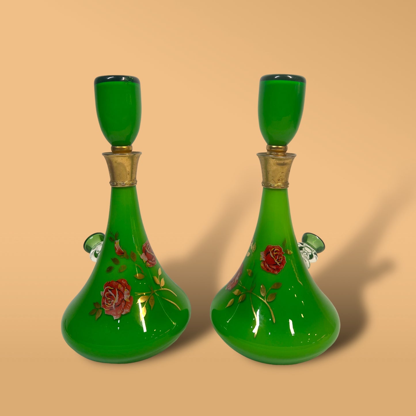 Cased Victorian Green Rose Decanter (Flawed Topper)