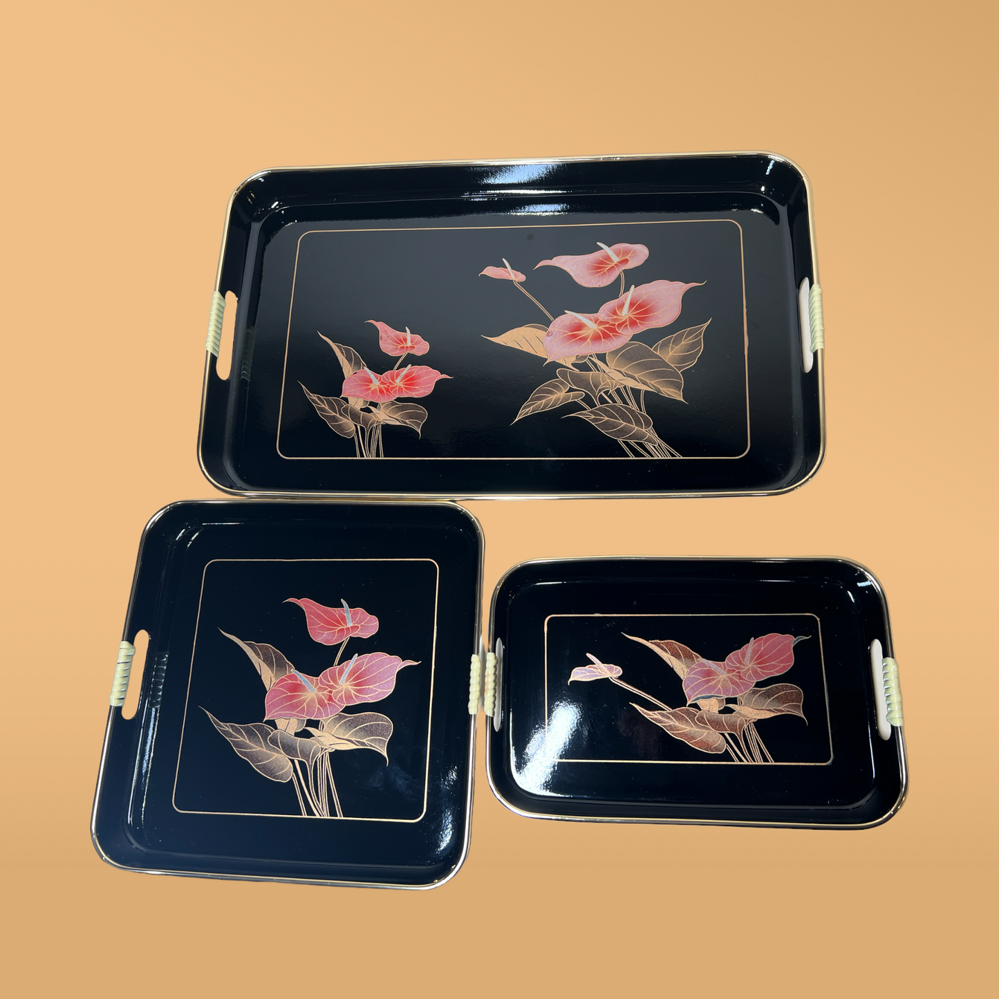 Japanese Red Floral Tray Set